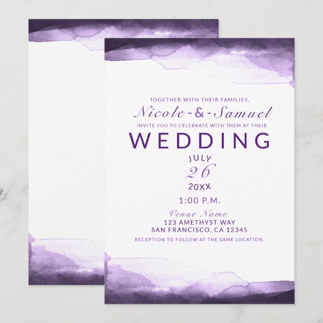 Amethyst Lila Plum Watercolor Moderne Hochzeit Einladung (Vorne/Hinten)