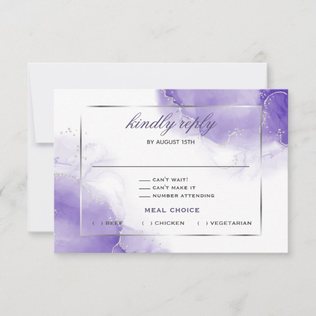 Amethyst Lila Script Silver RSVP Card Karte (Vorderseite)