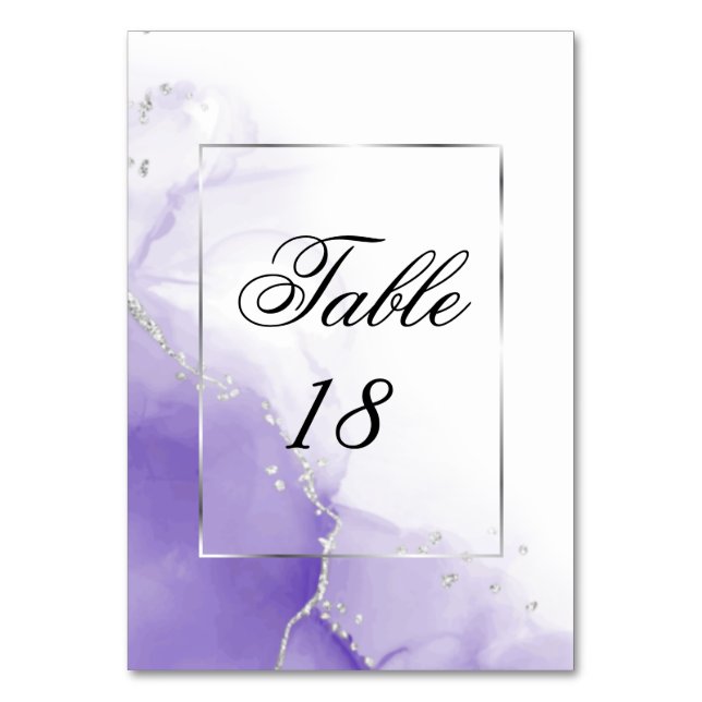 Amethyst Lila Script Silver Tischnummer (Vorderseite)