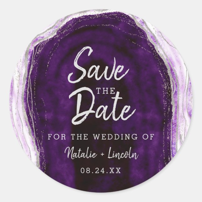 Amethyst Lila & Silver Geode Agate Save the Date Runder Aufkleber (Vorderseite)