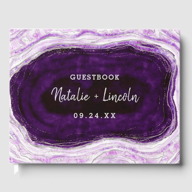 Amethyst Lila & Silver Geode Agate Slice Wedding Gästebuch (Vorderseite)