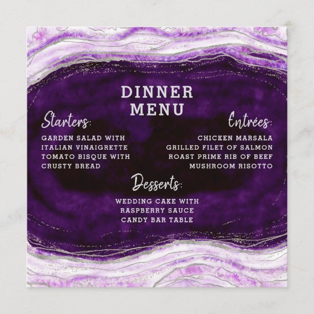Amethyst Lila & Silver Geode Agate Square Dinner Menükarte (Vorderseite)