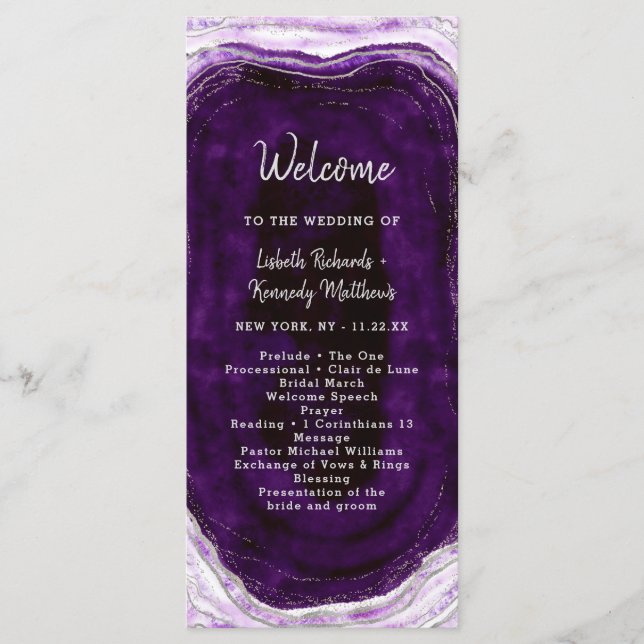 Amethyst Lila & Silver Geode Hochzeitfeier Programm (Vorderseite)