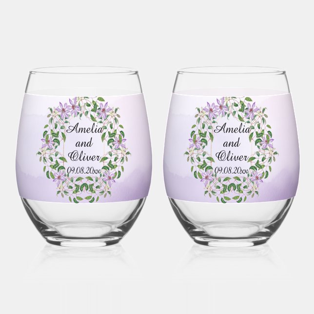 Amethyst Lilies über Lila Wasserfarbenhochzeit Weinglas Ohne Stiel (Vorderseite)