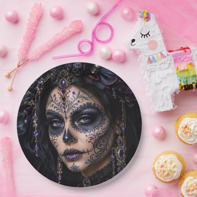 Amethyst-Orchidee Calavera – Gothic Zucker-Schädel Pappteller (Party)