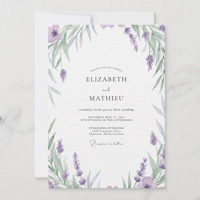Amethyst-Perlen-Silber-Blatt-Hochzeit Einladung (Vorderseite)