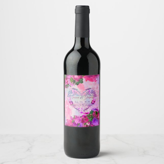 Amethyst Raspberry Floral Wedding Weinetikett (Vorderseite)