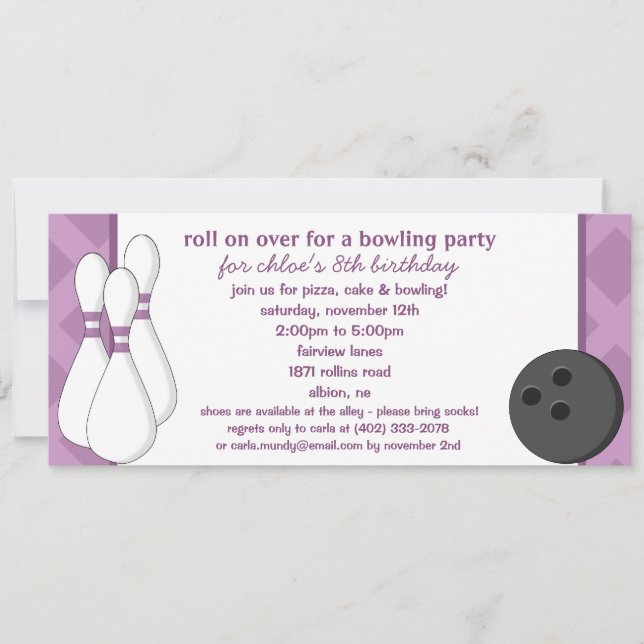 Amethyst Roll über Bowling Geburtstagspartei Einladung (Vorderseite)