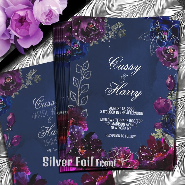 Amethyst Sapphire Navy Jewel Tones Wedding Folieneinladung (Silver Foil version. The silver foil is only on the front of this invite.)