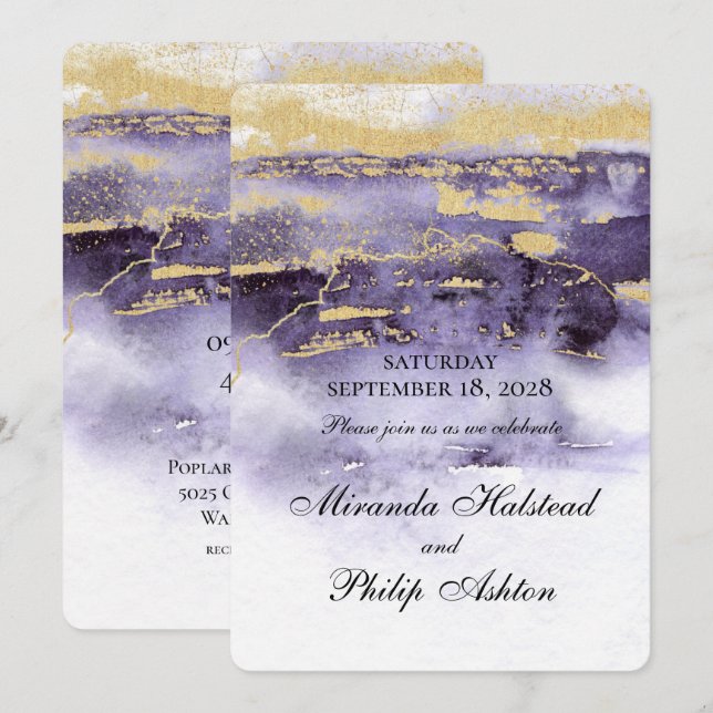 Amethyst und Gold Moderne Malerei Hochzeit Einladung (Vorne/Hinten)