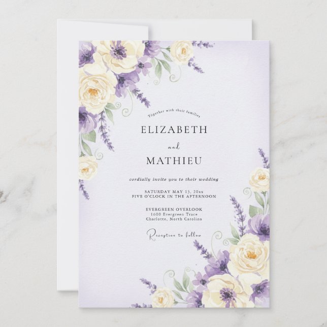 Amethyst-Violette Wildblumen-Hochzeit Einladung (Vorderseite)
