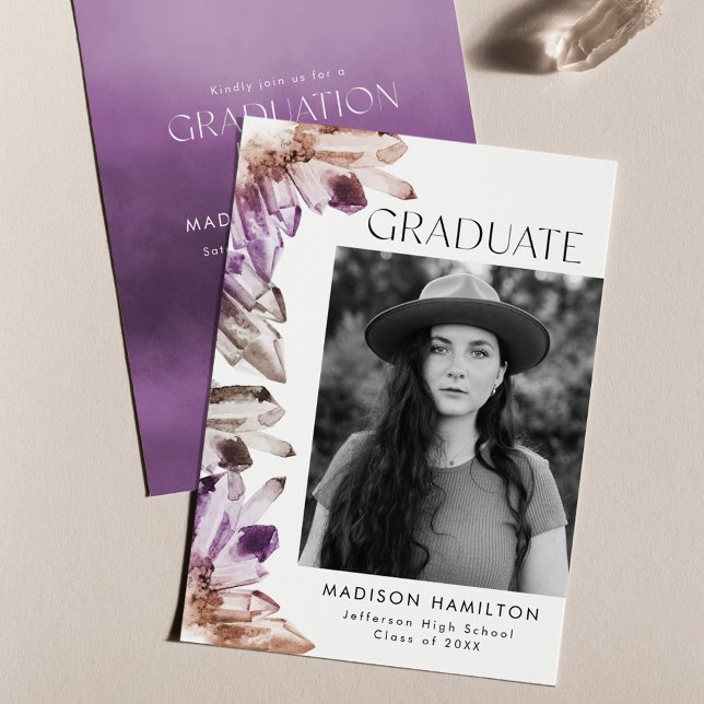 Amethyst Watercolor Crystal Foto Graduation Party Einladung (Von Creator hochgeladen)
