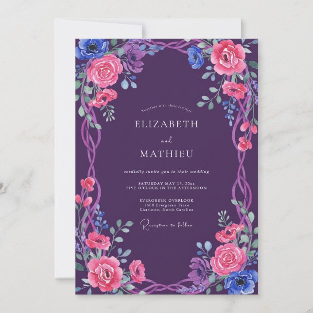 Amethyst Whimsical Bloom Hochzeit Einladung (Vorderseite)