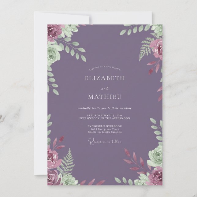 Amethystfarbene Ranunculus-Hochzeit Einladung (Vorderseite)