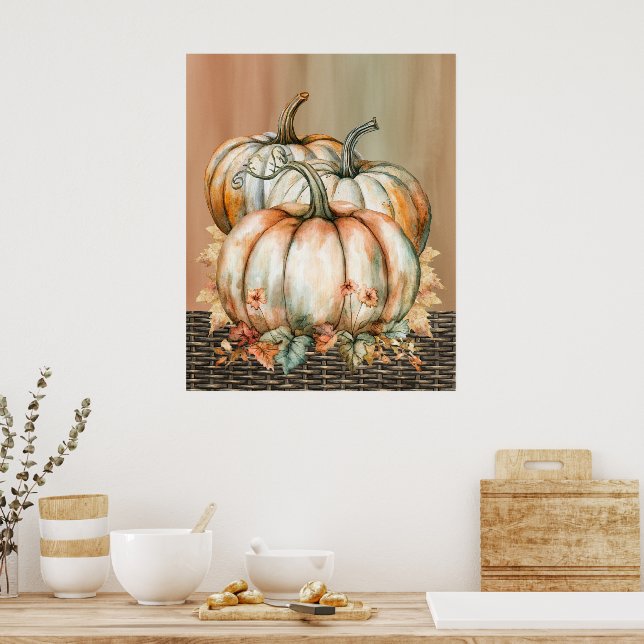 Amigrierender Orangen-, Weiß- und Grünfarbenkürbis Poster (Küche)