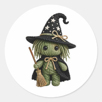 Amigurumi-Stil gestrickte grüne Hexe mit Besen  Runder Aufkleber