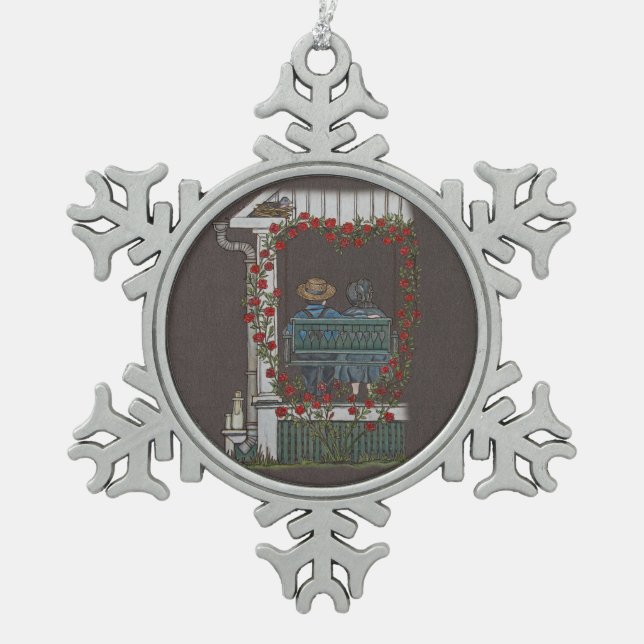 Amische Paare auf Portal-Schwingen Schneeflocken Zinn-Ornament (Vorderseite)