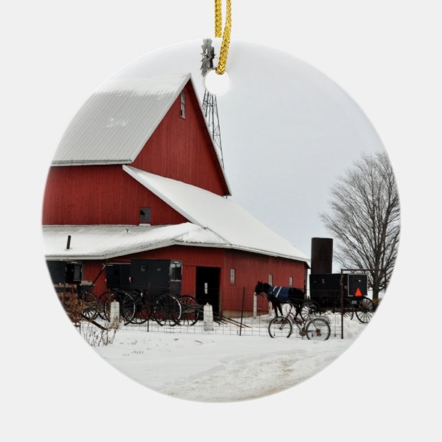 Amische rote Scheunen-Weihnachtsverzierung Keramik Ornament (Vorne)
