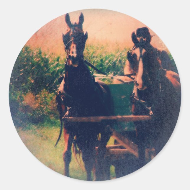 Amish Horse Team Runder Aufkleber (Vorderseite)