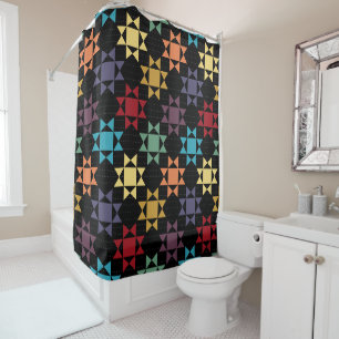 Amish Quilt Print Bright Colors on Black Gemustert Duschvorhang