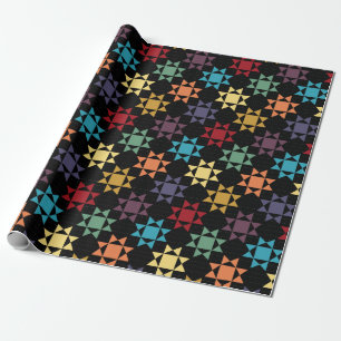 Amish Quilt Print Bright Farben auf schwarz Gemust Geschenkpapier