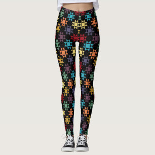 Amish Quilt Print Bright Farben auf schwarz Gemust Leggings