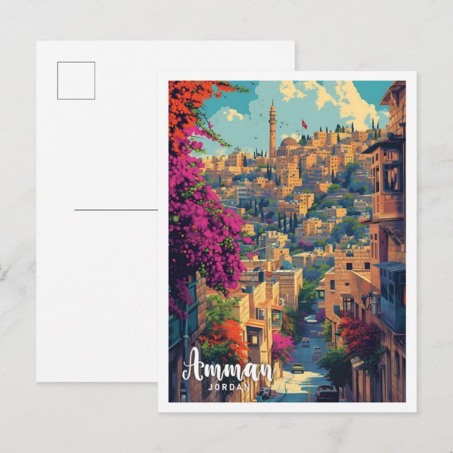 Amman Jordan Vintag Art Travel Illustration Postkarte (Vorne/Hinten)