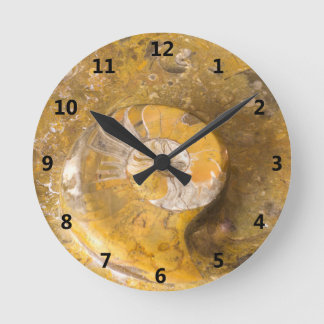 Ammonite and Other Fossils in Rock Photography Runde Wanduhr