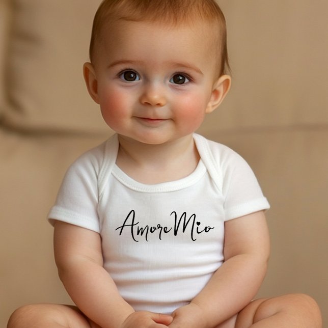 Amore Mio Chic Black Script on White Baby Strampler (White baby bodysuit featuring elegant black 'Amore Mio' script, perfect for Italian-inspired gifts o)