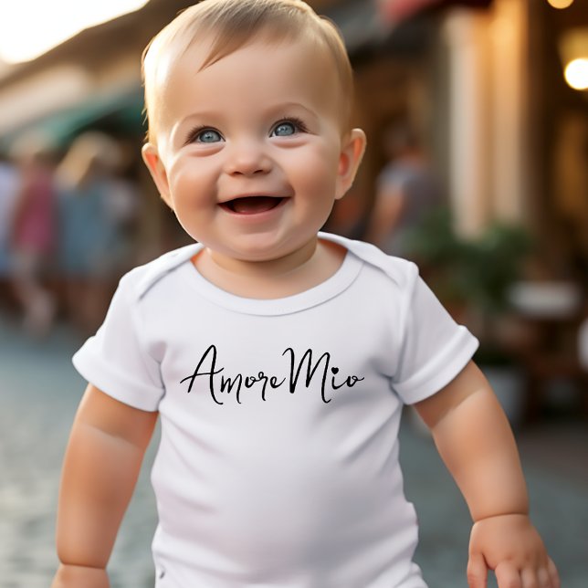 Amore Mio Chic Black Script on White Baby Strampler (baby bodysuit in white with black flowing script "Amore Mio" with little heart dotting the i)