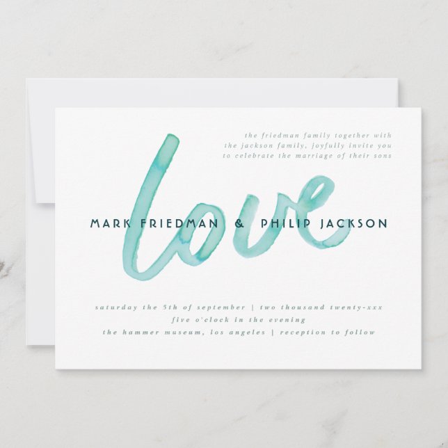 Amour Aquarelle Moderne Gay Mariage Invitations (Devant)