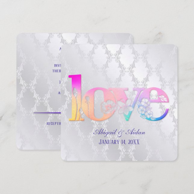 Amour Arc-En-Ciel Sur Invitation Satin Mariage (Devant / Derrière)