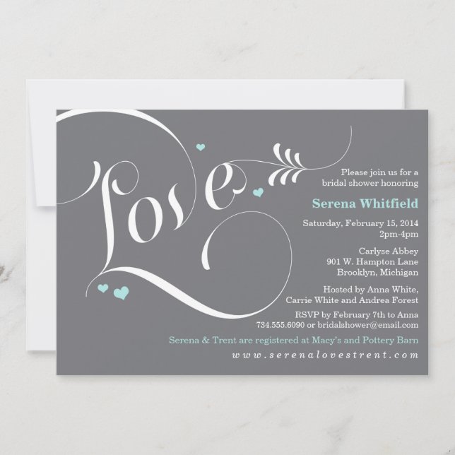 Amour Bridal Shower Invitation Bleu & Grey (Devant)