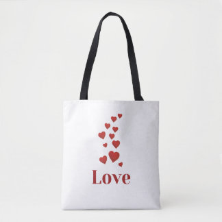 AMOUR, coeur rouge, sac fourre-tout blanc.