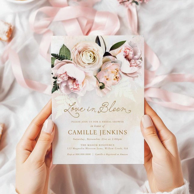 Amour en Fleur rose Floral Invitation douche nupti (Love in Bloom Bridal Shower Invitation)