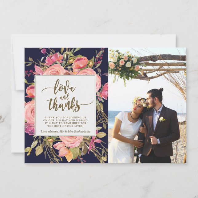 amour et merci carte photo boho floral marine (Devant)