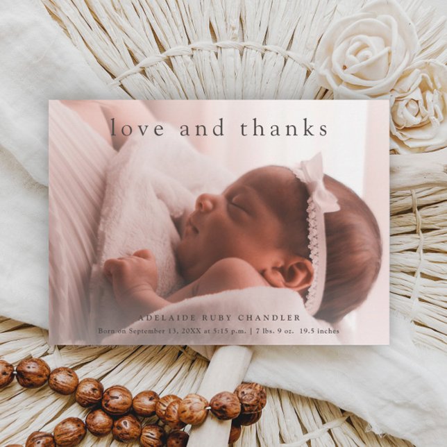 Amour et Merci Minimal Simple Photo Baby (Simple typographic love and thanks full bleed baby photo birth announcement thank you card.)