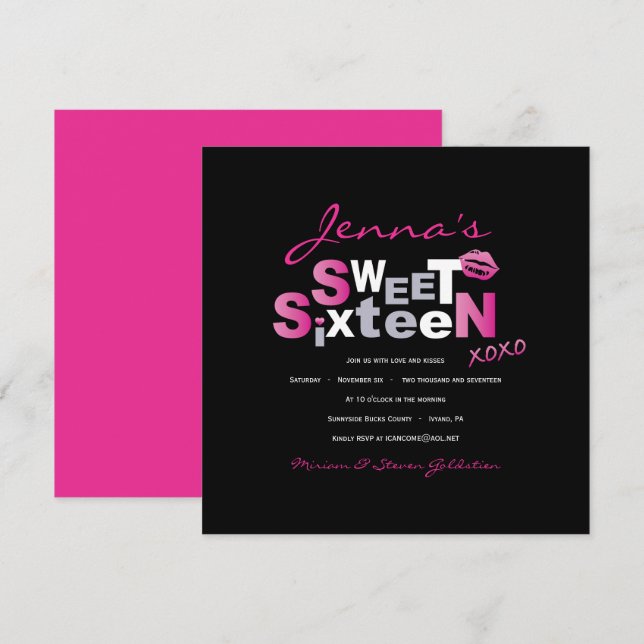 AMOUR & KISSES Sweet sixteen ROSE CHAUD Invitation (Devant / Derrière)