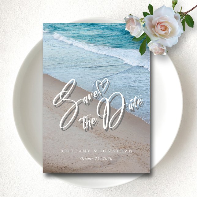 Amour Océanique: Élégant Faire-Part de Mariage sur (Ocean Love Elegant Beach Wedding Save The Date)