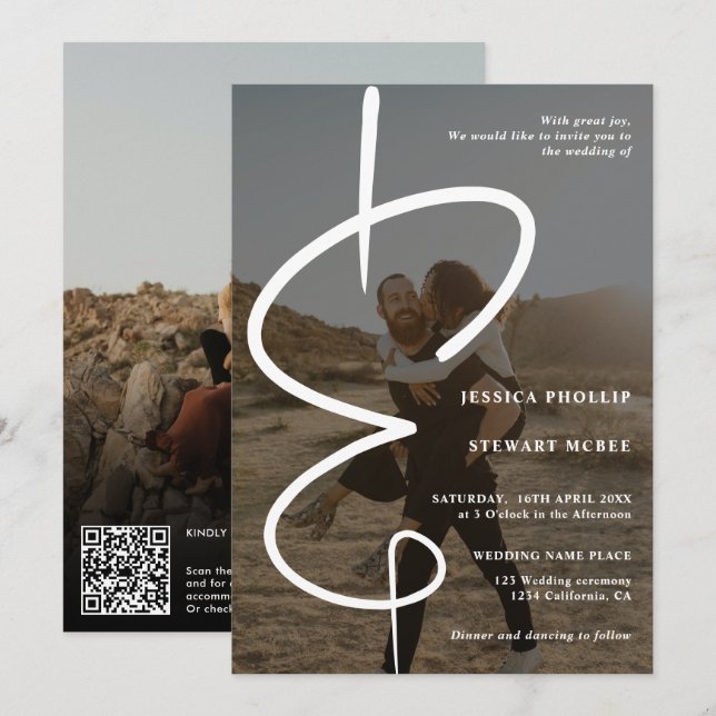 Ampersand Chic Foto Kalligraphie Qr Code Hochzeit Einladung (Vorne/Hinten)
