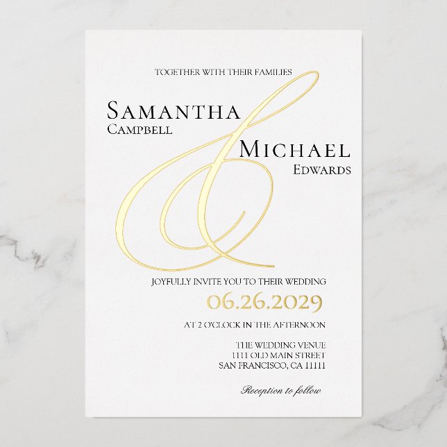 Ampersand Elegantes Gold und Weiß Moderne Hochzeit Folieneinladung (Vorderseite)