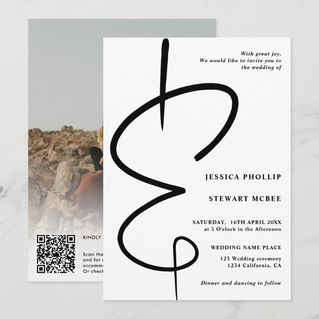 Ampersand Foto moderne Kalligraphie Qr Code Hochze Einladung (Vorne/Hinten)