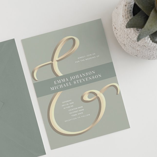 Ampersand Gold Sage Green Wedding Einladung (Von Creator hochgeladen)