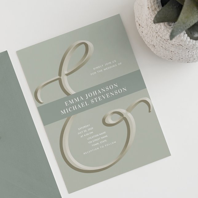Ampersand Gold Sage Green Wedding Invitation Einladung (Von Creator hochgeladen)