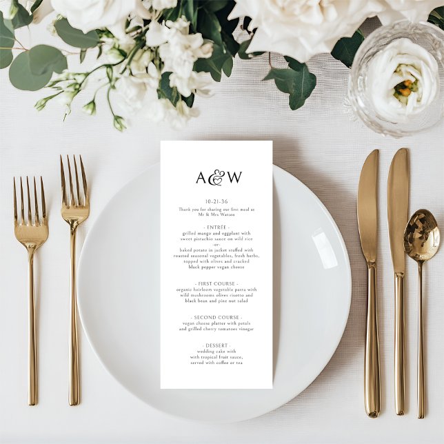 Ampersand Monogram Black and White Wedding Menükarte (Wedding Menu - Bride & Groom Monogram Initials with Decorative Heart Ampersand.)