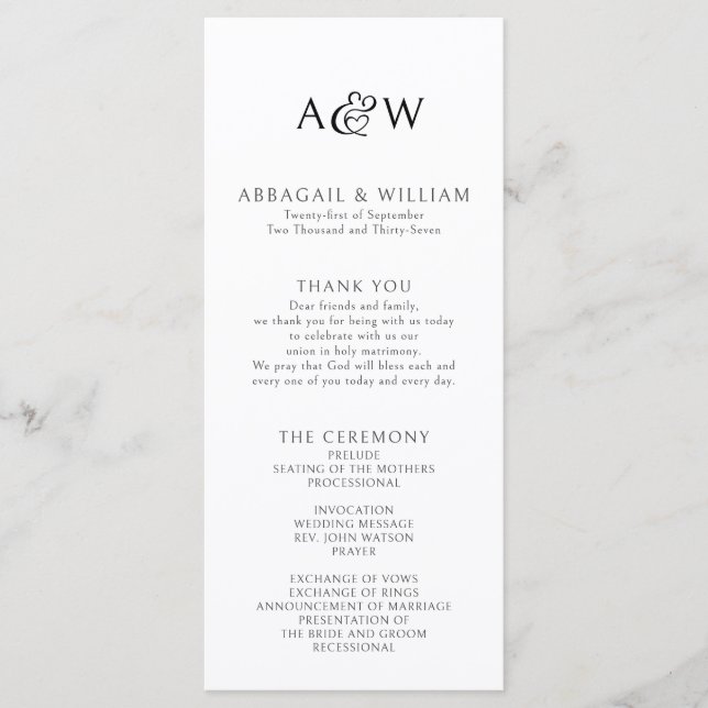 Ampersand Monogram Black & White Wedding Programm (Vorderseite)