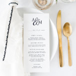 Ampersand Monogram Wedding Menu Card Menükarte<br><div class="desc">Unser einfaches und elegantes Hochzeitsmenü umfasst Vorspeisen, Vorspeisen und Desserts, die von Ihren Initialen begleitet werden, sowie dekorative Skriptampersand in marineblauer Schrift. Entworfen, um mit unserer Ampersand Monogram Hochzeitskollektion zu koordinieren. Verwenden Sie die Vorlagenfelder, um Menüinformationen hinzuzufügen, und klicken Sie dann auf "Anpassen", um Elemente bei Bedarf neu zu positionieren....</div>