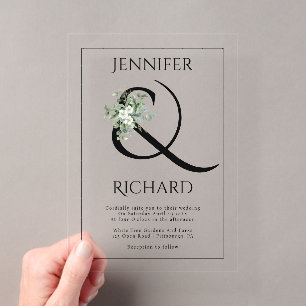 Ampersand, weiße Blume und Eukalyptus-Hochzeit Acryleinladungen