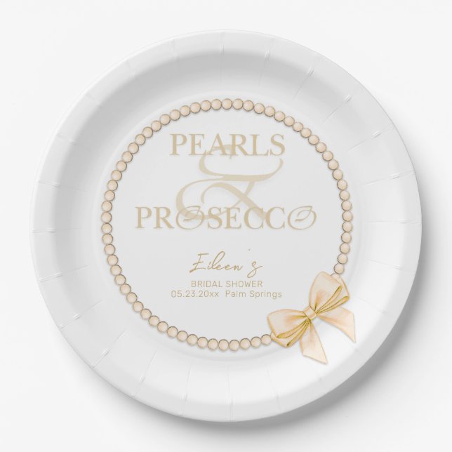 Ampersand Weiße Perlen Prosecco Bow Brautparty Pappteller (Vorderseite)