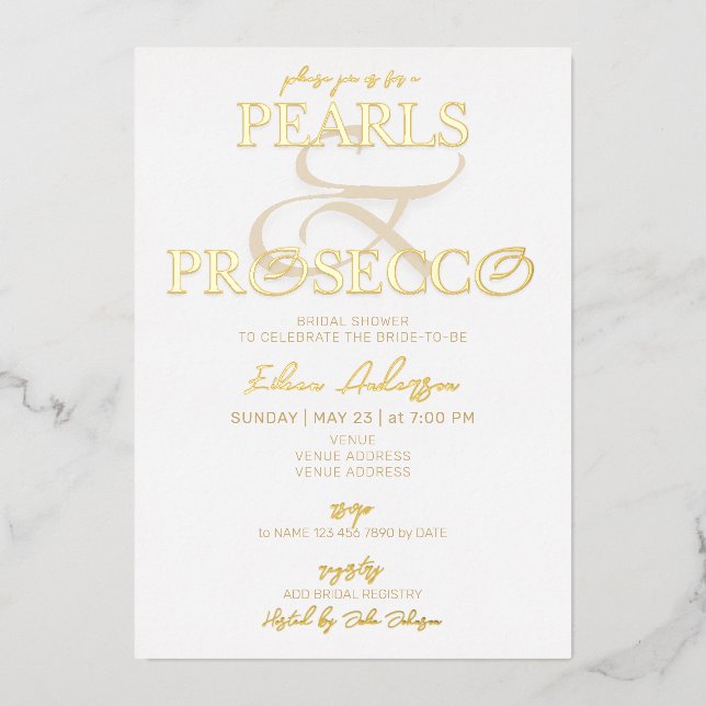 Ampersand Weiße Perlen & Prosecco Brautparty Folieneinladung (Vorderseite)